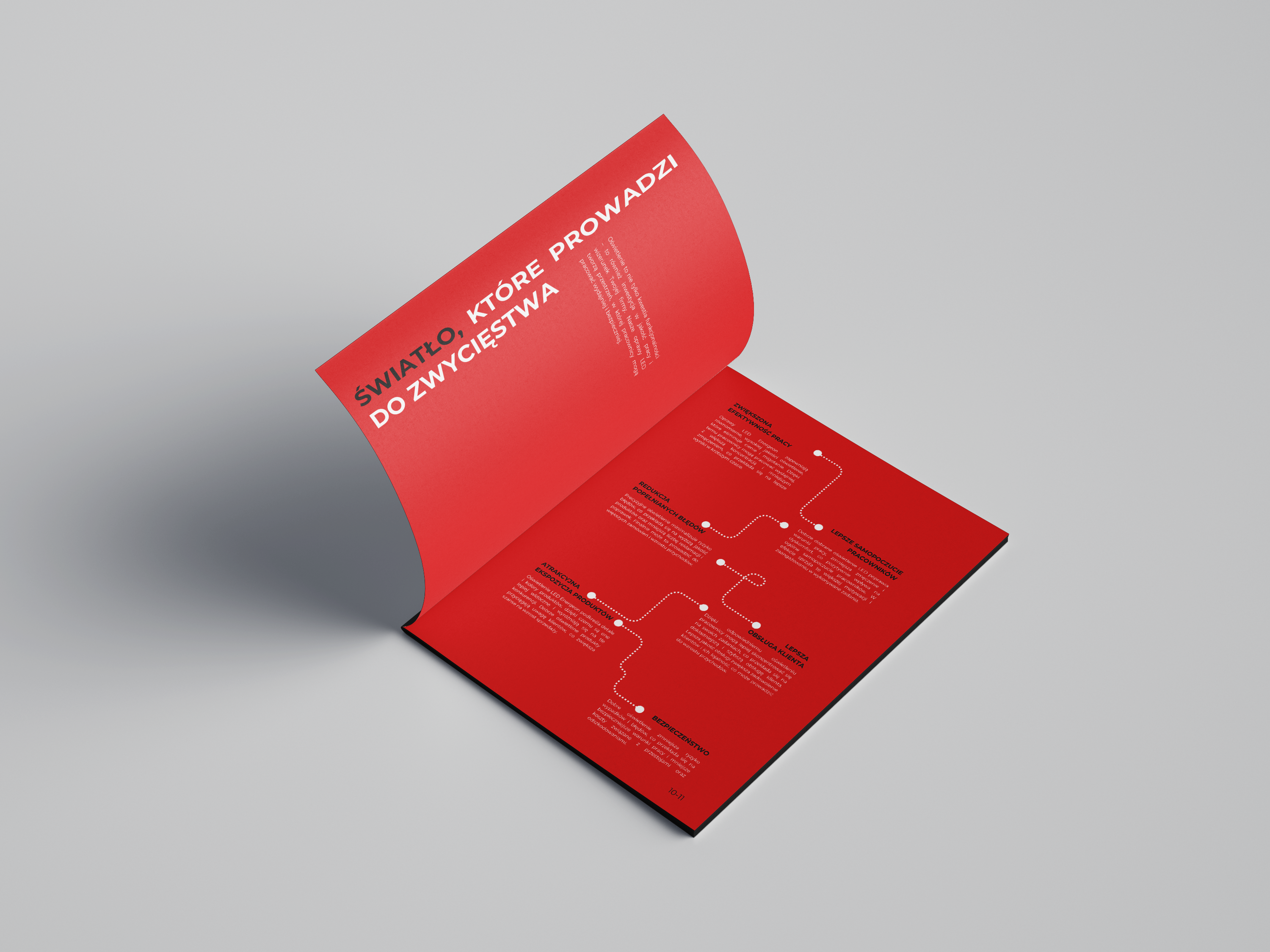 katalog energeon Rozłożony katalog Energeon na czerwonym tle z hasłem „Światło, które prowadzi do zwycięstwa” i ścieżką korzyści.